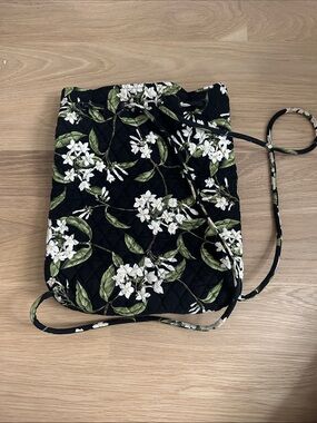 Quilted Floral Drawstring Crossbody Bag - Black with White Blossoms